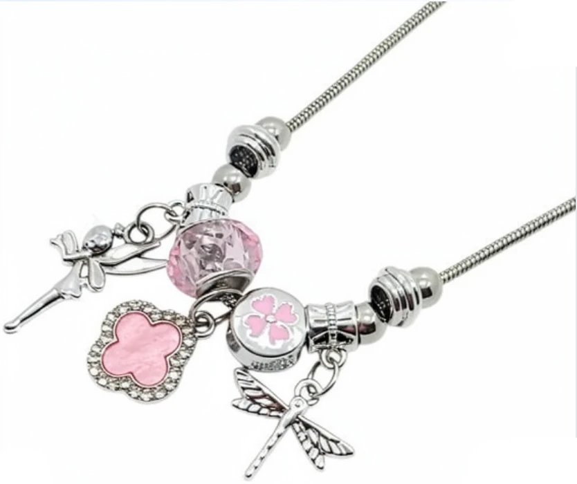 Cadena de acero quirurgico cola de raton simil pandora con dijes fantasia campanita trebol rosa 45cm